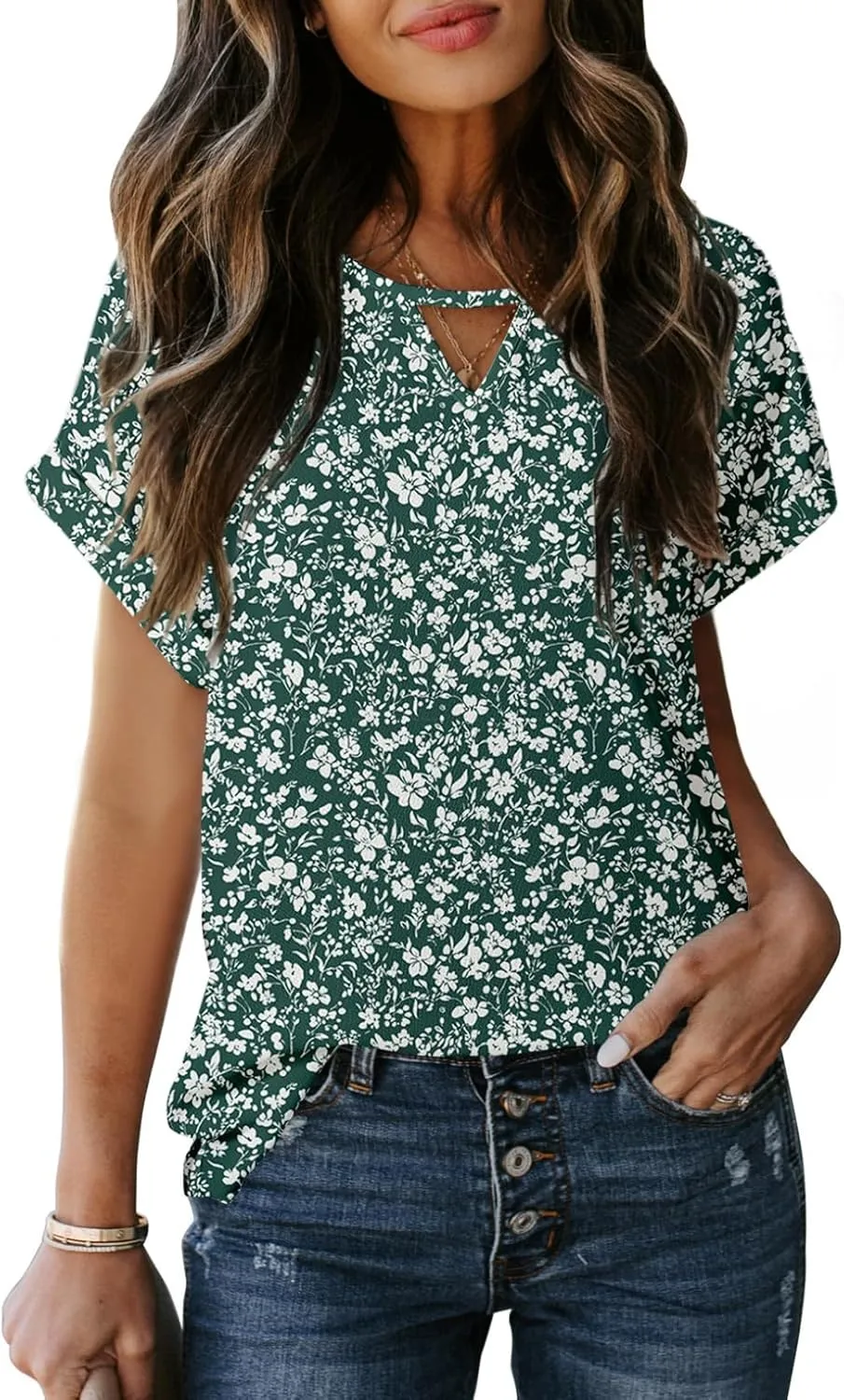 Dokotoo Women's Casual Crewneck Boho Short Sleeve Shirts 2025 Summer Floral Print Chiffon Blouses Bohemian Top Shirts