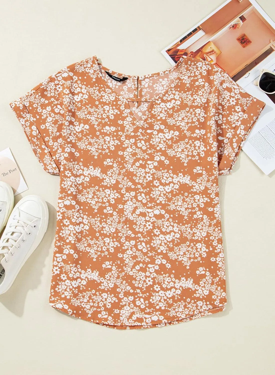 Dokotoo Women's Casual Crewneck Boho Short Sleeve Shirts 2025 Summer Floral Print Chiffon Blouses Bohemian Top Shirts