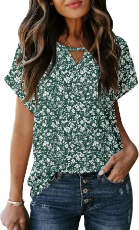 Dokotoo Women's Casual Crewneck Boho Short Sleeve Shirts 2025 Summer Floral Print Chiffon Blouses Bohemian Top Shirts