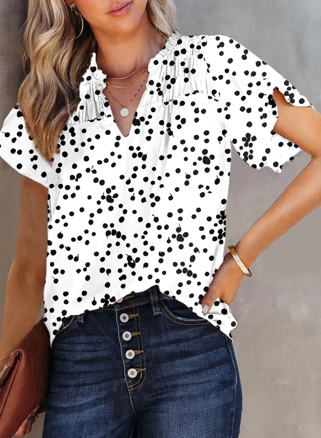 Dokotoo Women's Casual V Neck Alicia Floral Print Smocked Short Sleeve Chiffon Blouses Bohemian Top Shirts