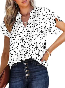 Dokotoo Women's Casual V Neck Alicia Floral Print Smocked Short Sleeve Chiffon Blouses Bohemian Top Shirts