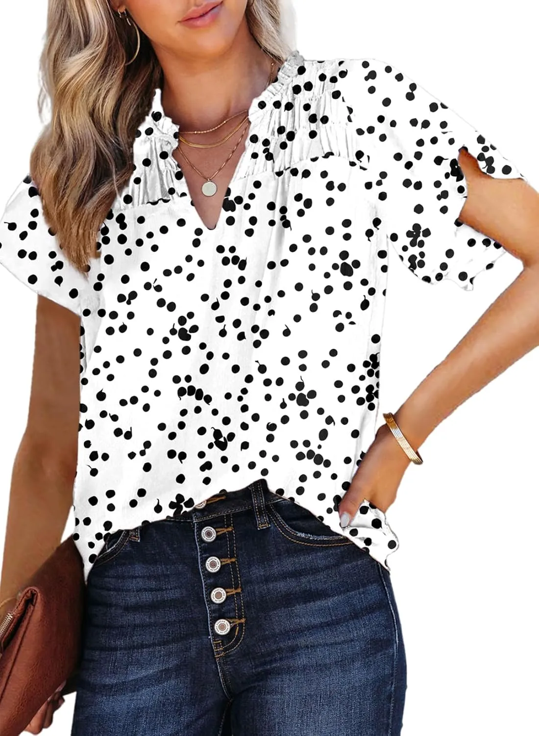 Dokotoo Women's Casual V Neck Alicia Floral Print Smocked Short Sleeve Chiffon Blouses Bohemian Top Shirts