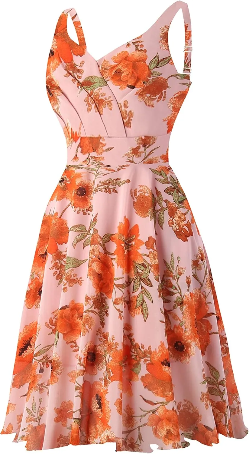 Dressever Summer Cocktail Dress V-Neck Adjustable Spaghetti Strap Chiffon Sundress