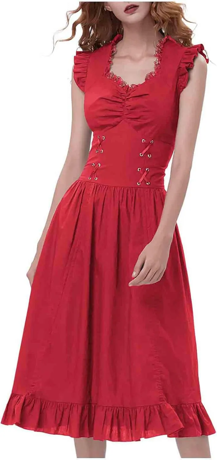 Elegant Dress for Women Lace Trim Sweetheart Neck Dresses Lace Up Back Drawstring Irregular High-Low Ruffle Hem Dress