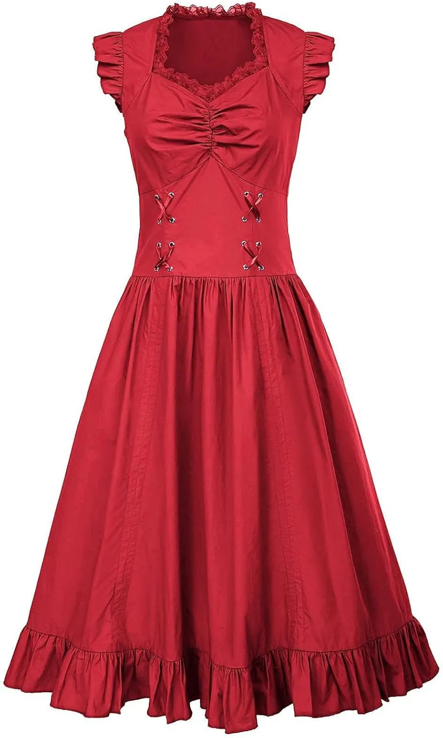 Elegant Dress for Women Lace Trim Sweetheart Neck Dresses Lace Up Back Drawstring Irregular High-Low Ruffle Hem Dress