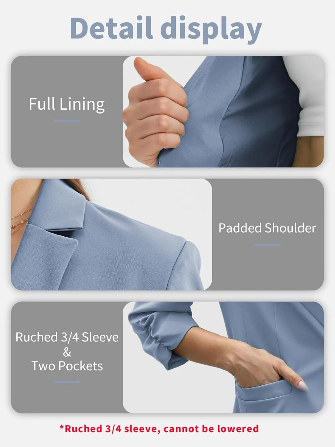 ELLEVEN Women's Ruched 3/4 Sleeve Blazers, Lightweight Slim Fit Jackets with Padded Shoulder for Business Casual