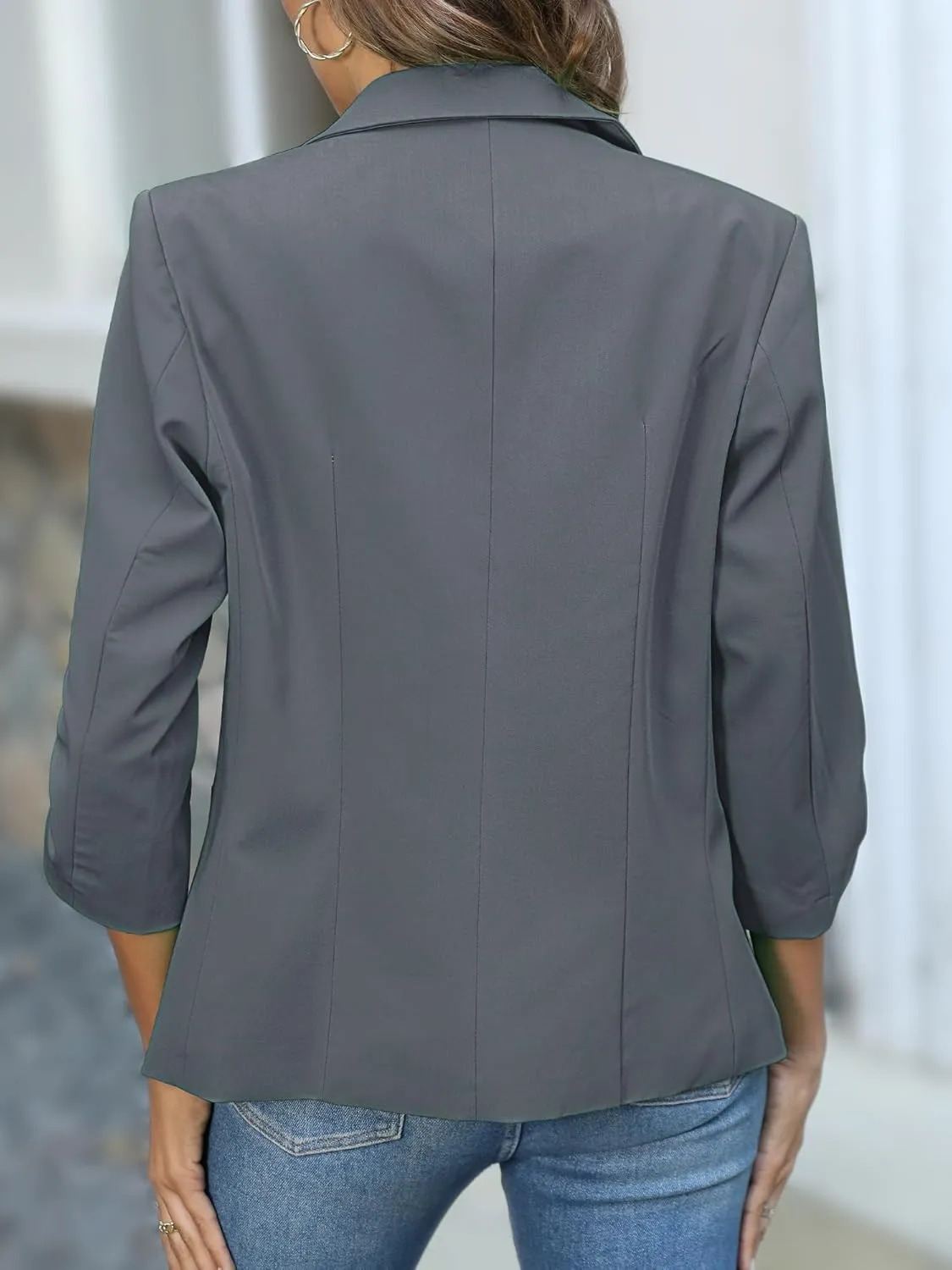 ELLEVEN Women's Ruched 3/4 Sleeve Blazers, Lightweight Slim Fit Jackets with Padded Shoulder for Business Casual