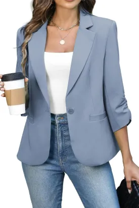 ELLEVEN Women's Ruched 3/4 Sleeve Blazers, Lightweight Slim Fit Jackets with Padded Shoulder for Business Casual