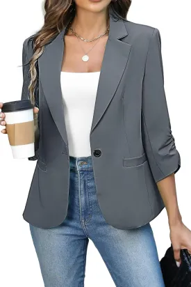 ELLEVEN Women's Ruched 3/4 Sleeve Blazers, Lightweight Slim Fit Jackets with Padded Shoulder for Business Casual
