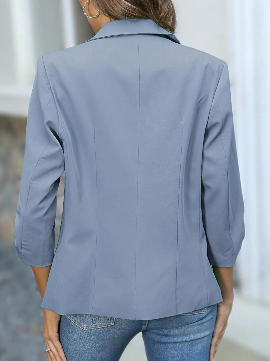 ELLEVEN Women's Ruched 3/4 Sleeve Blazers, Lightweight Slim Fit Jackets with Padded Shoulder for Business Casual