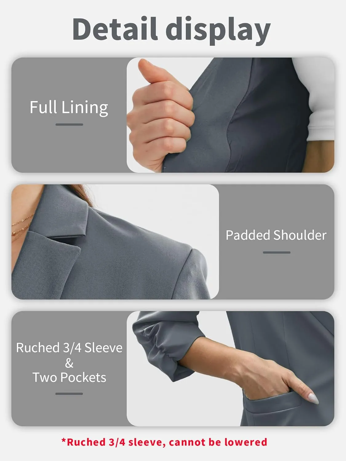 ELLEVEN Women's Ruched 3/4 Sleeve Blazers, Lightweight Slim Fit Jackets with Padded Shoulder for Business Casual