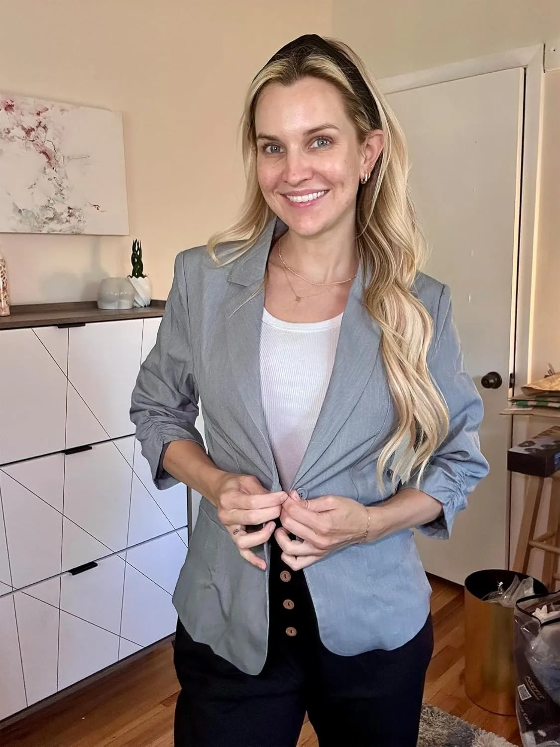 ELLEVEN Women's Ruched 3/4 Sleeve Blazers, Lightweight Slim Fit Jackets with Padded Shoulder for Business Casual