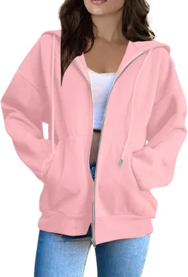 Fashion Hoodies Vintage Zipper Oversized Loose Fit Hoodies Women Long Sleeve Solid Jackets Soft Outdoor Sweatshirt