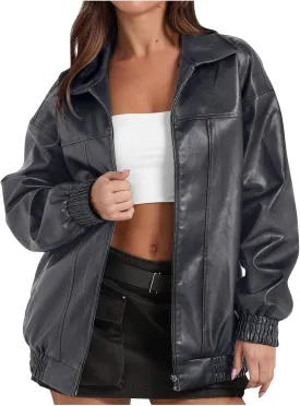 Faux Leather Jacket for Women Lapel Oversized Motorcycle Jacket Zip Up Bomber Coats Winter Fashion 2025 Fall Outfits