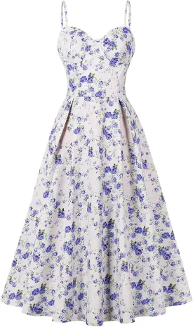 Floral Corset Dress for Women 2024 Summer Spaghetti Strap Cottagecore Dresses Milkmaid Dress Pocket Midi Sundress