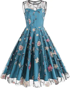 Floral Embroidered Dress for Women Sleeveless Keyhole Floral Mesh Dress Vintage Cocktail Tea Party Embroidered Tulle Dress