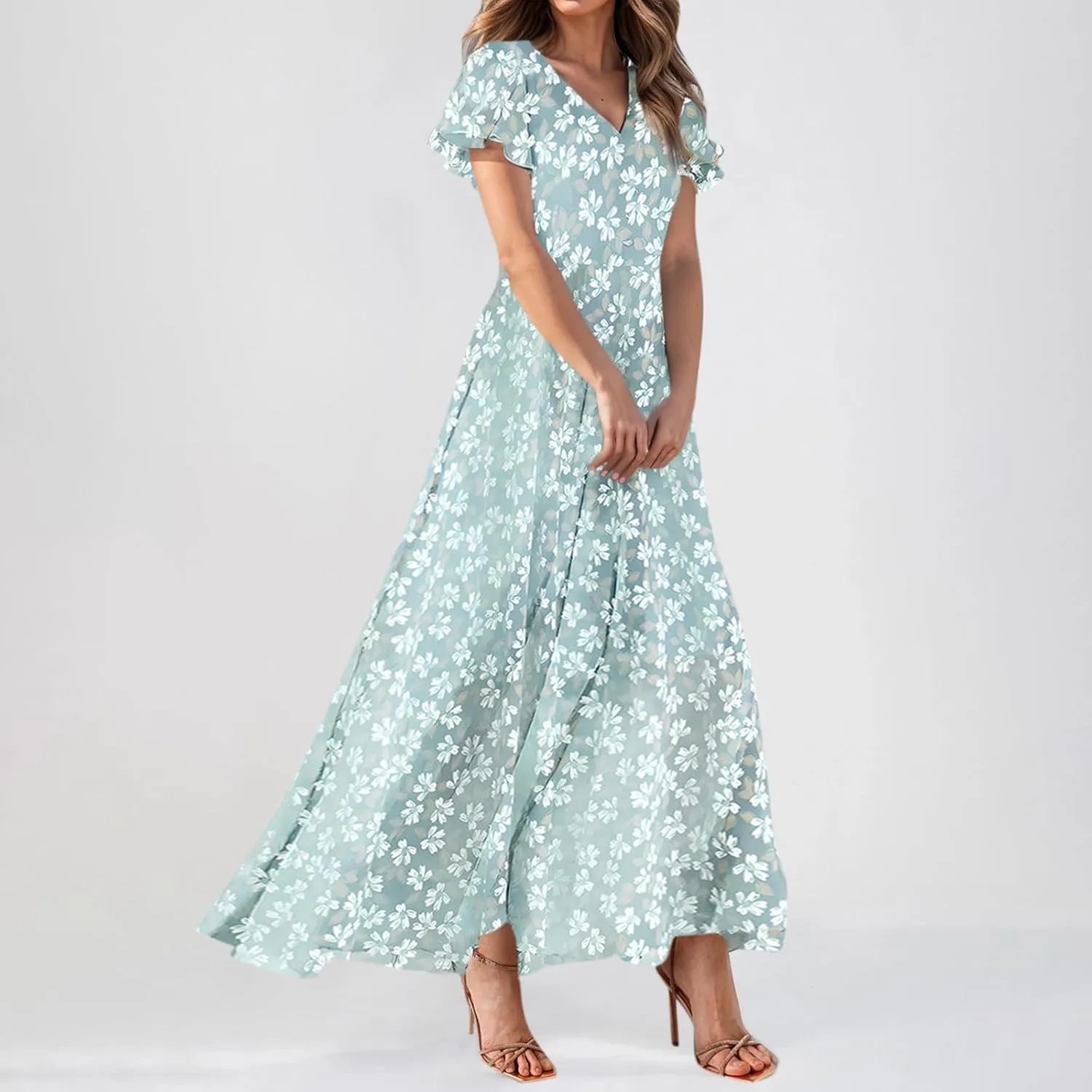 Floral Maxi Dresses for Women 2025 Summer Modest Flutter Sleeve Long Flowy Dresses V Neck Chiffon Garden Party Dress