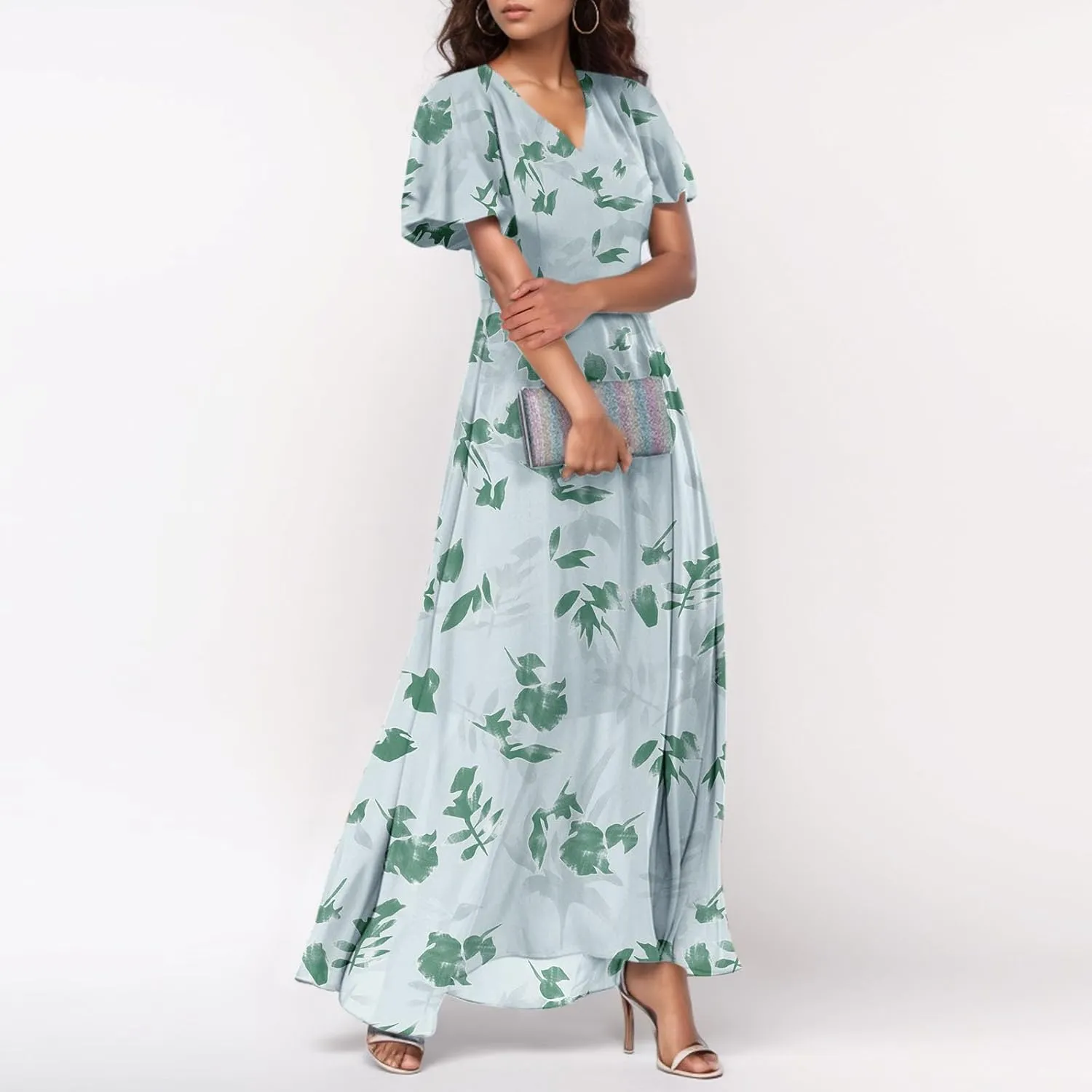 Floral Maxi Dresses for Women 2025 Summer Modest Flutter Sleeve Long Flowy Dresses V Neck Chiffon Garden Party Dress