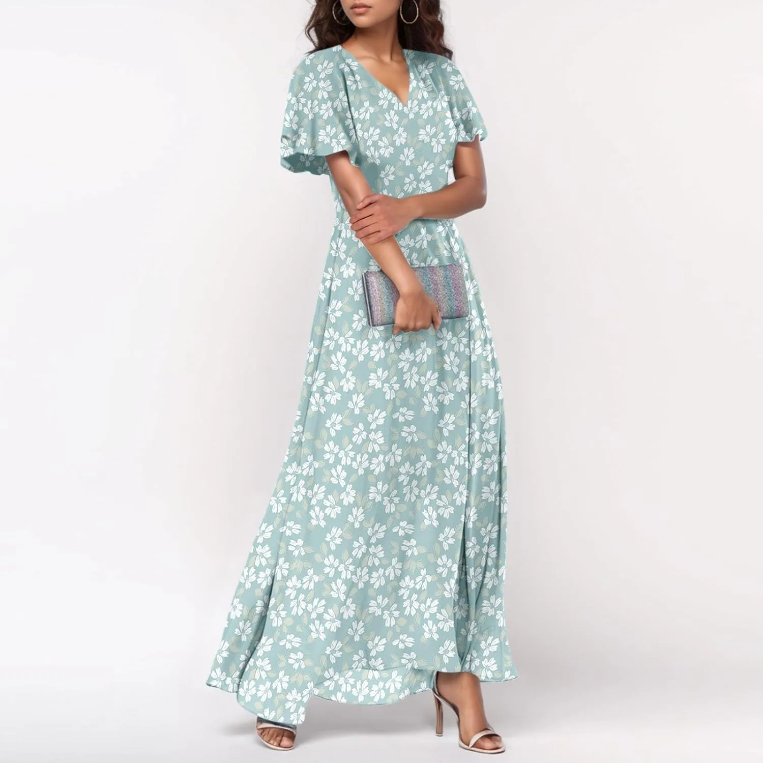 Floral Maxi Dresses for Women 2025 Summer Modest Flutter Sleeve Long Flowy Dresses V Neck Chiffon Garden Party Dress