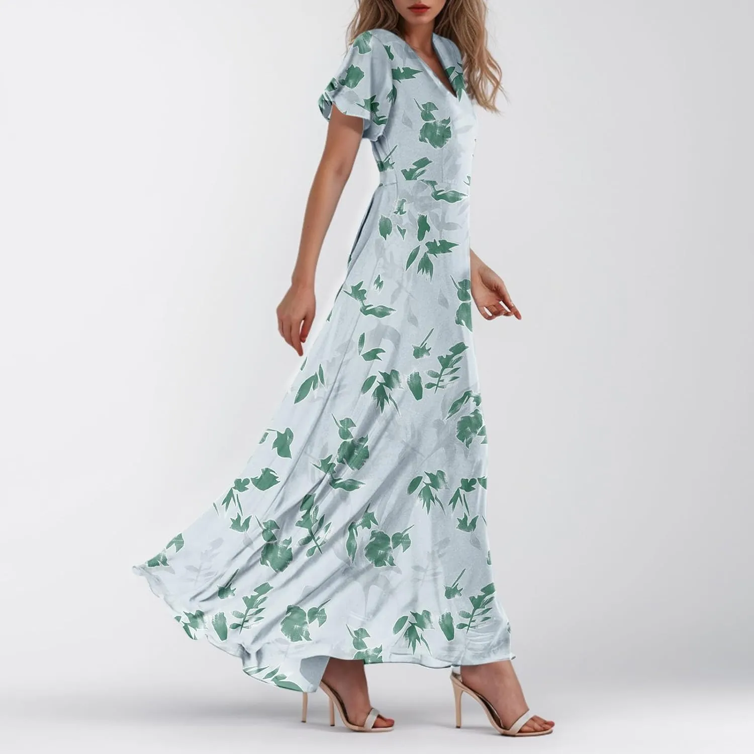 Floral Maxi Dresses for Women 2025 Summer Modest Flutter Sleeve Long Flowy Dresses V Neck Chiffon Garden Party Dress
