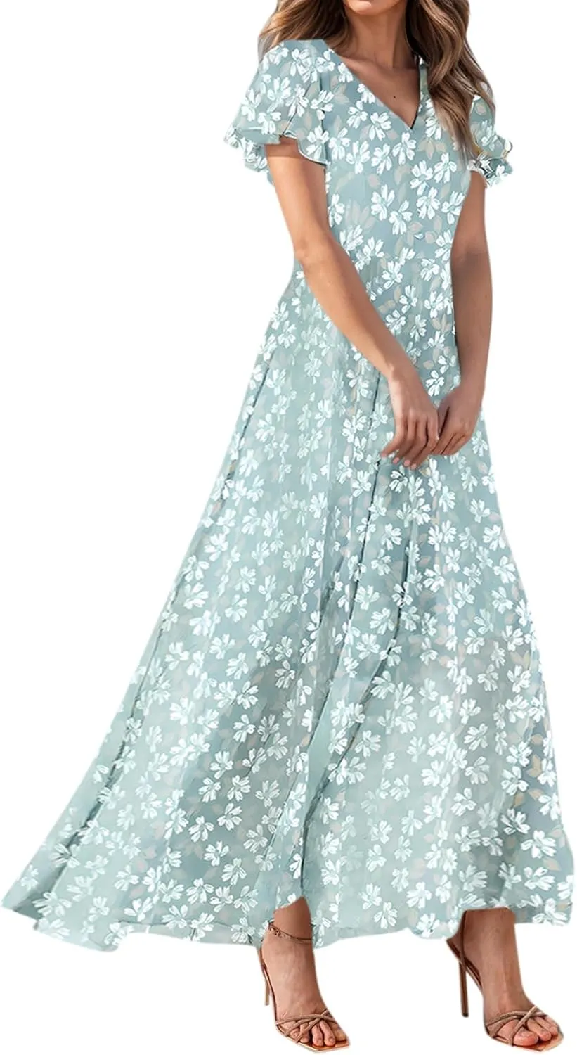 Floral Maxi Dresses for Women 2025 Summer Modest Flutter Sleeve Long Flowy Dresses V Neck Chiffon Garden Party Dress