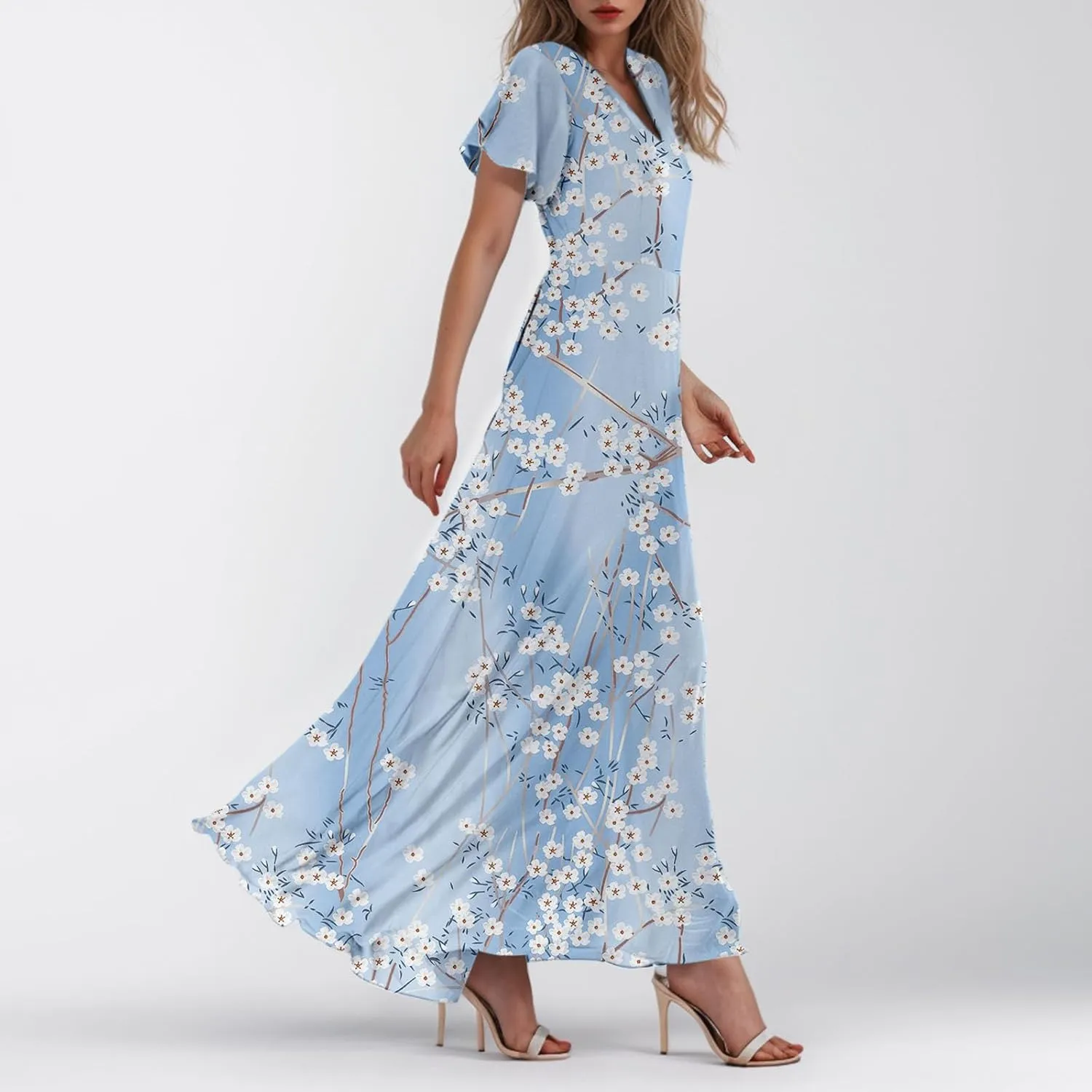 Floral Maxi Dresses for Women 2025 Summer Modest Flutter Sleeve Long Flowy Dresses V Neck Chiffon Garden Party Dress