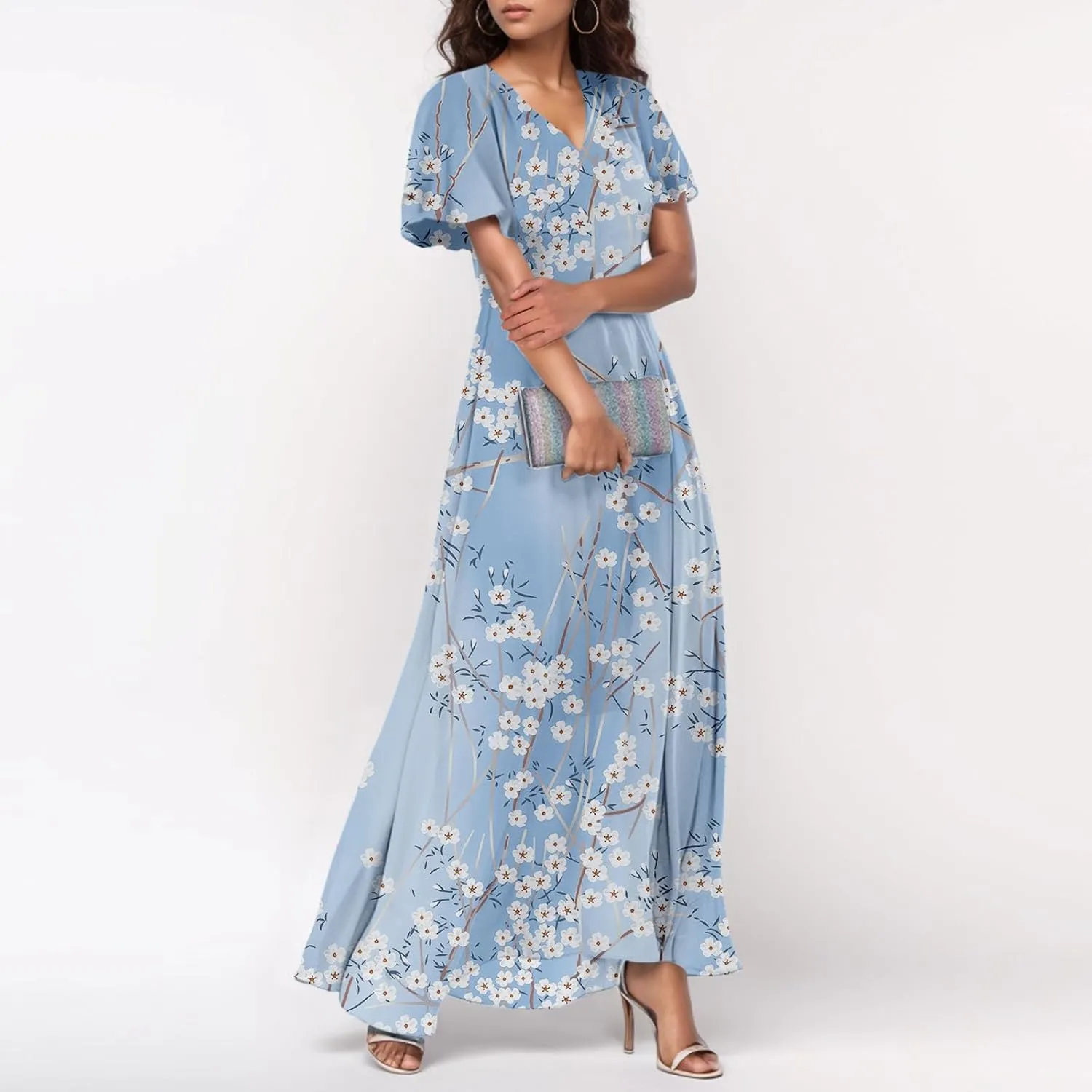 Floral Maxi Dresses for Women 2025 Summer Modest Flutter Sleeve Long Flowy Dresses V Neck Chiffon Garden Party Dress