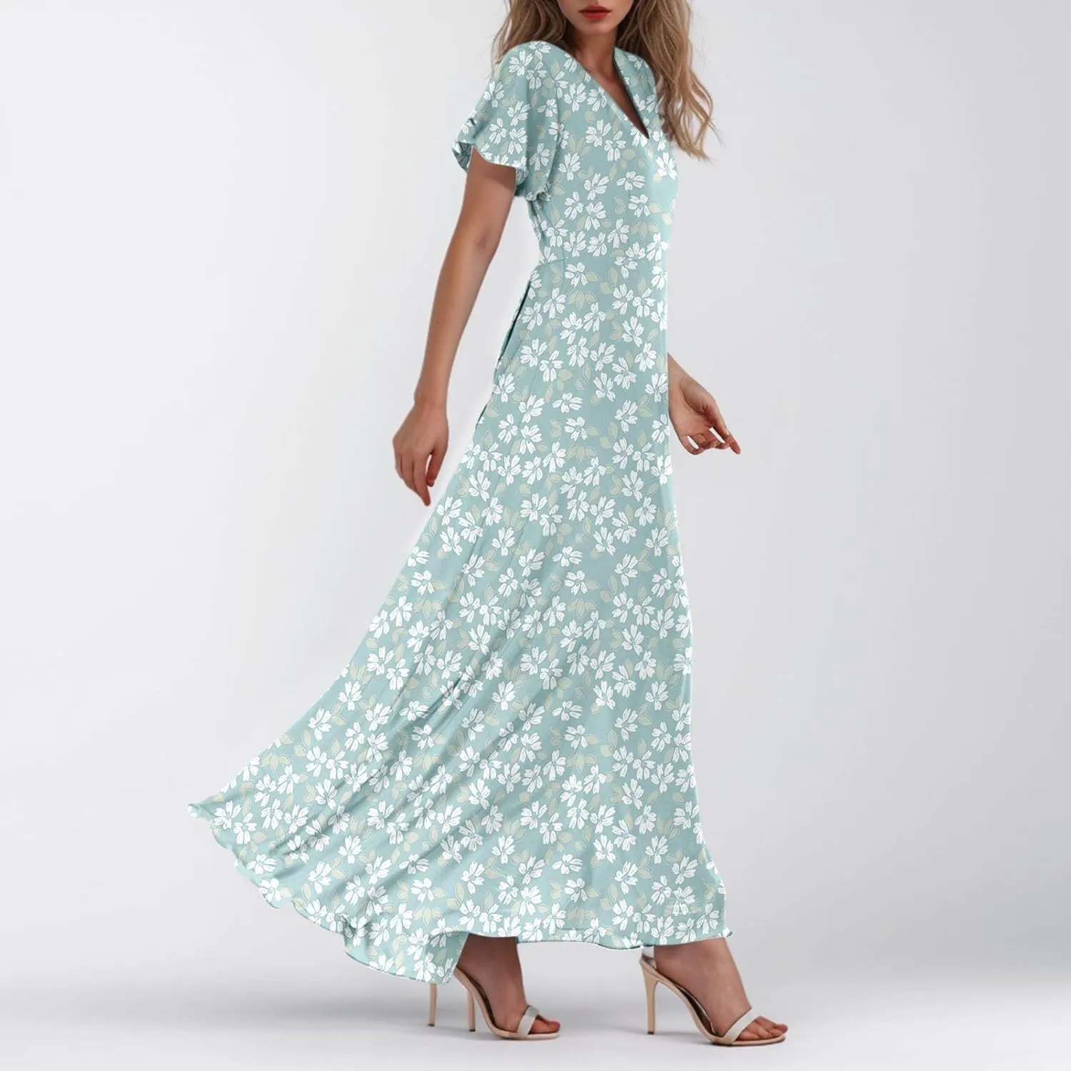 Floral Maxi Dresses for Women 2025 Summer Modest Flutter Sleeve Long Flowy Dresses V Neck Chiffon Garden Party Dress