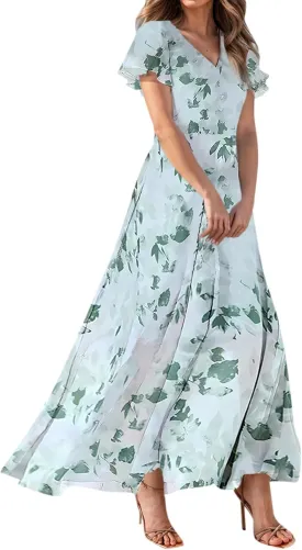 Floral Maxi Dresses for Women 2025 Summer Modest Flutter Sleeve Long Flowy Dresses V Neck Chiffon Garden Party Dress