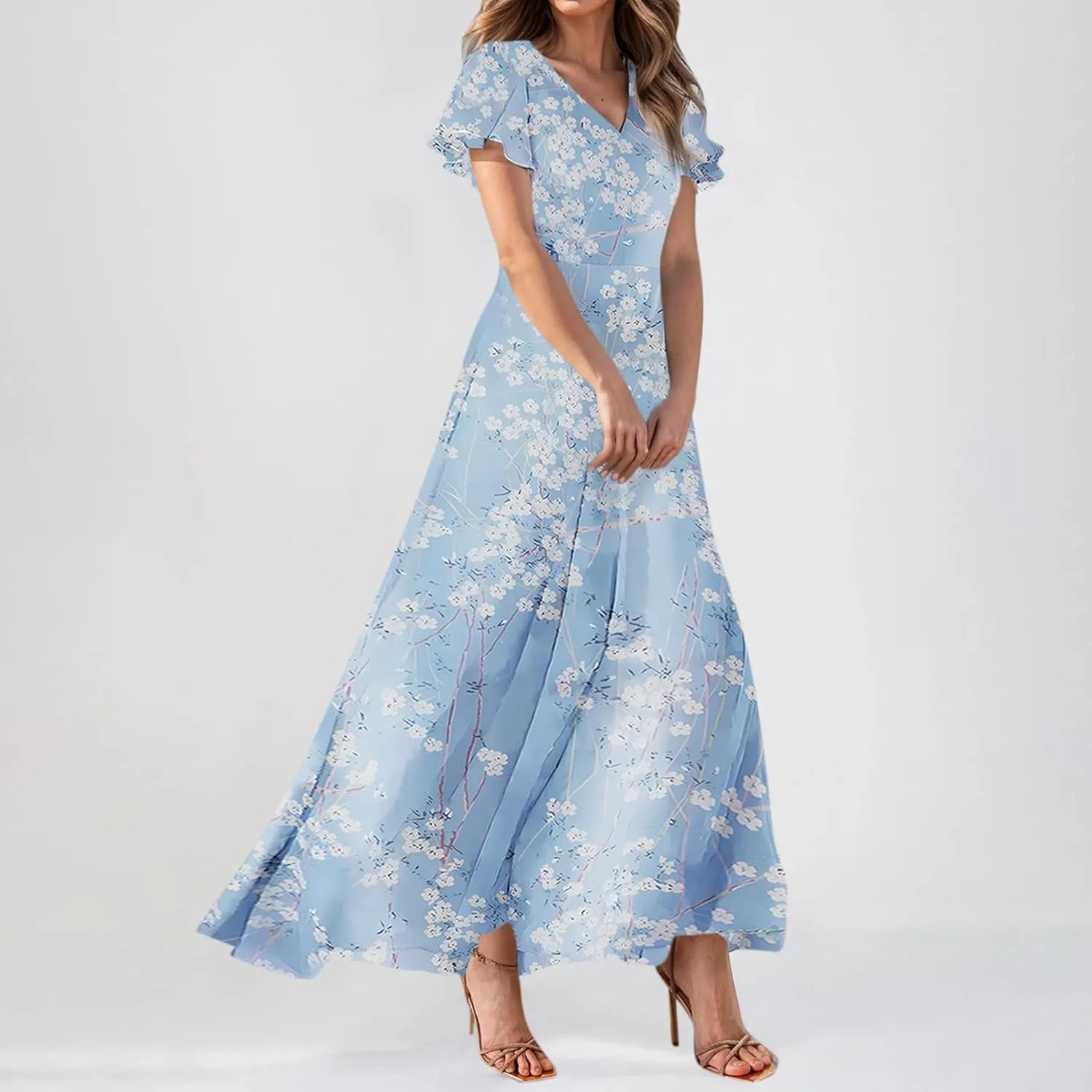 Floral Maxi Dresses for Women 2025 Summer Modest Flutter Sleeve Long Flowy Dresses V Neck Chiffon Garden Party Dress