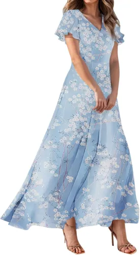 Floral Maxi Dresses for Women 2025 Summer Modest Flutter Sleeve Long Flowy Dresses V Neck Chiffon Garden Party Dress