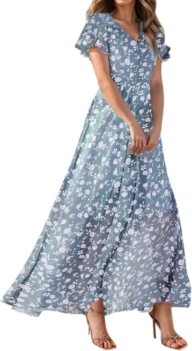 Floral Maxi Dresses for Women 2025 Summer Modest Flutter Sleeve Long Flowy Dresses V Neck Chiffon Garden Party Dress