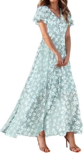 Floral Maxi Dresses for Women 2025 Summer Modest Flutter Sleeve Long Flowy Dresses V Neck Chiffon Garden Party Dress