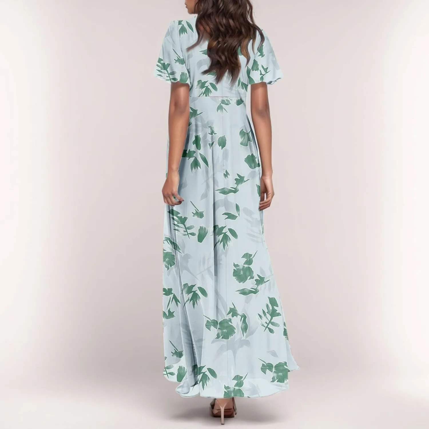 Floral Maxi Dresses for Women 2025 Summer Modest Flutter Sleeve Long Flowy Dresses V Neck Chiffon Garden Party Dress