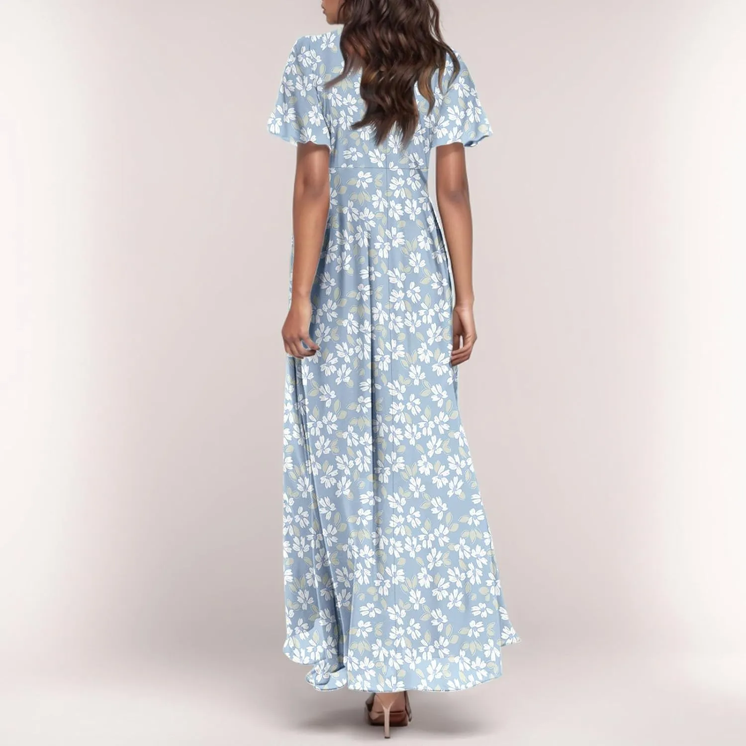 Floral Maxi Dresses for Women 2025 Summer Modest Flutter Sleeve Long Flowy Dresses V Neck Chiffon Garden Party Dress