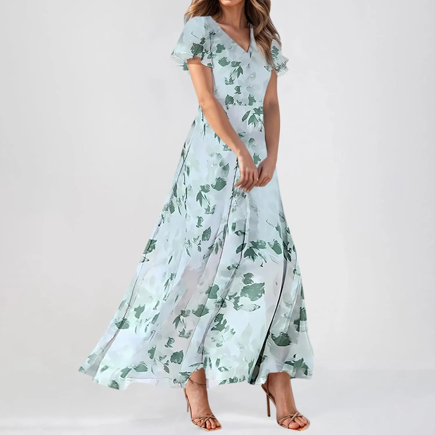 Floral Maxi Dresses for Women 2025 Summer Modest Flutter Sleeve Long Flowy Dresses V Neck Chiffon Garden Party Dress
