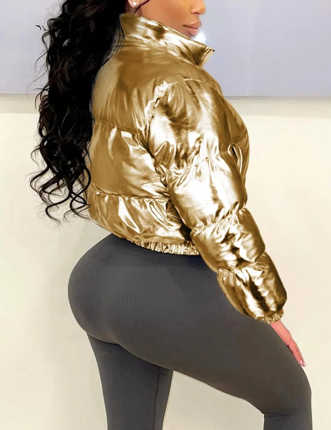 Flygo Women's Metallic Shiny Cropped Quilted Puffer Jacket - Zip Up Padded Down Coat Outerwear