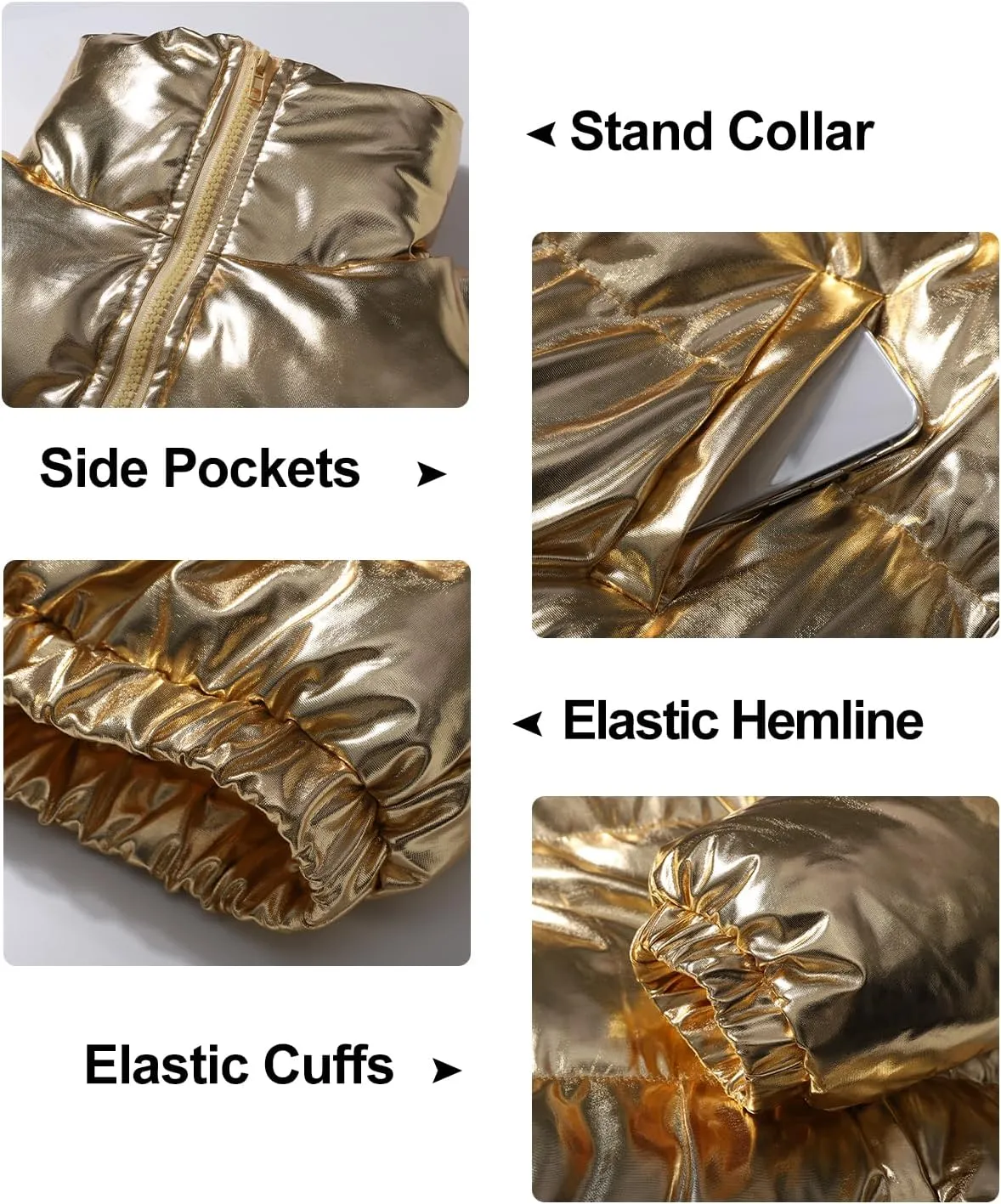 Flygo Women's Metallic Shiny Cropped Quilted Puffer Jacket - Zip Up Padded Down Coat Outerwear