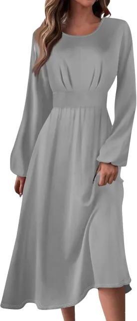 Formal Fall Winter Long Sleeve Wedding Guest Dresses for Women Floral Casual Trendy Smocked Flowy A Line Midi Dress