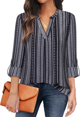 Gaharu Women's Blouses 3/4 Sleeve Work Shirt Chiffon Tunic Top Office Wear