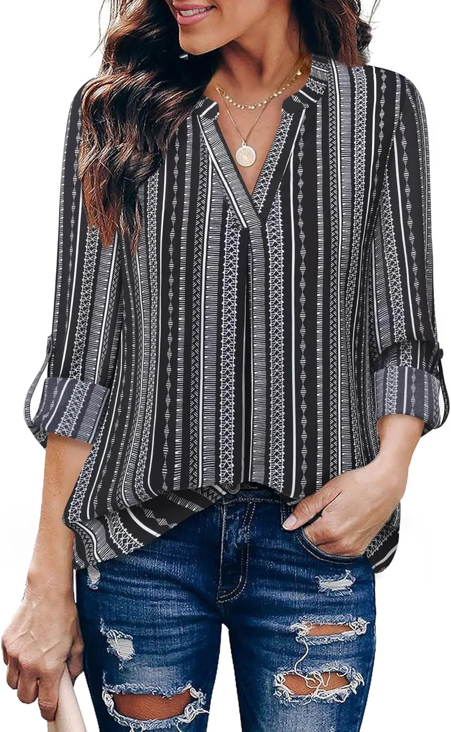 Gaharu Women's Blouses 3/4 Sleeve Work Shirt Chiffon Tunic Top Office Wear