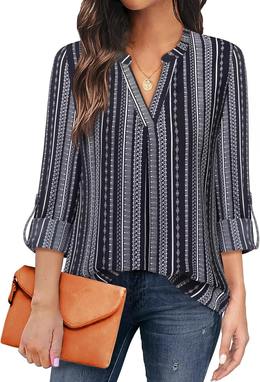 Gaharu Women's Blouses 3/4 Sleeve Work Shirt Chiffon Tunic Top Office Wear