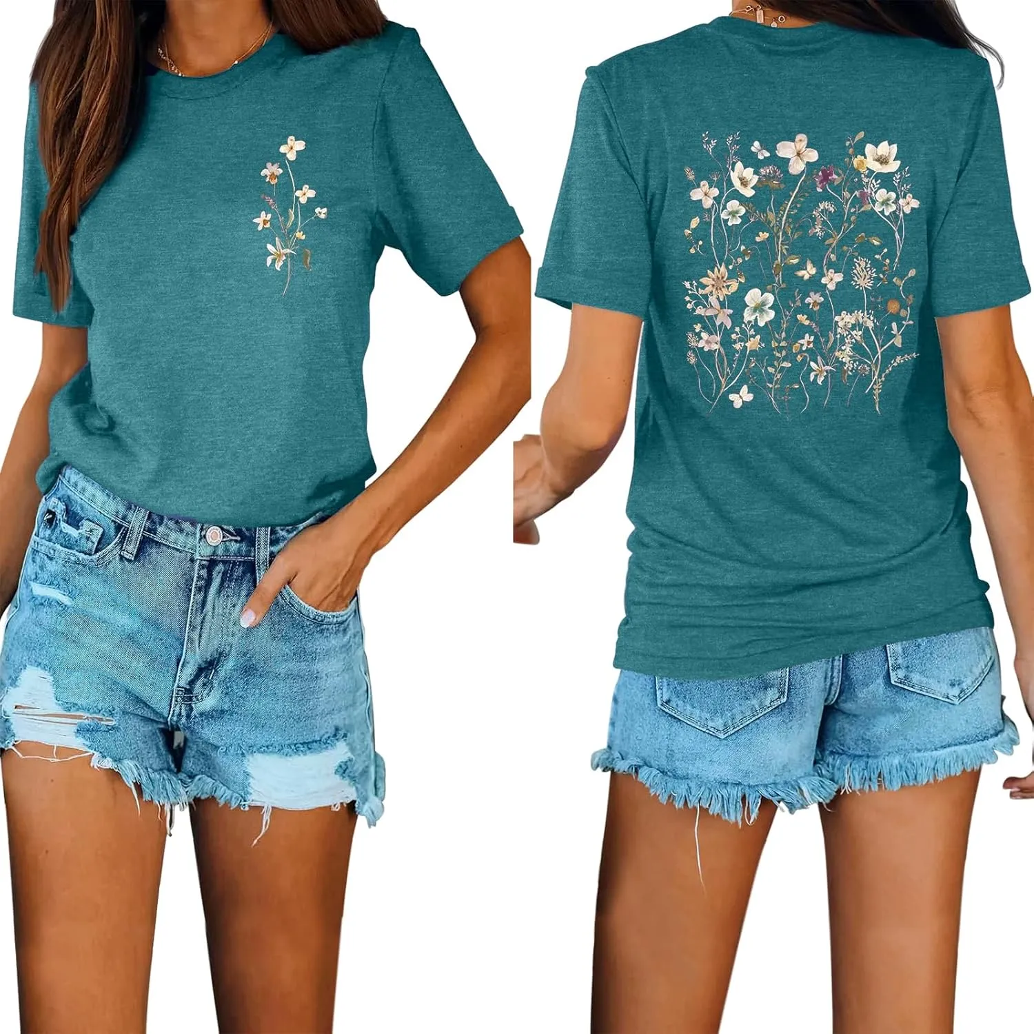 GEMLON Sunset Pine Tree Tshirt Women Camping Tshirt Retro Sun Print Graphic Tee Casual Short Sleeve Top