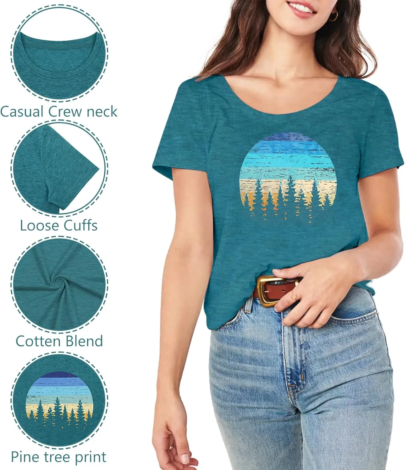 GEMLON Sunset Pine Tree Tshirt Women Camping Tshirt Retro Sun Print Graphic Tee Casual Short Sleeve Top