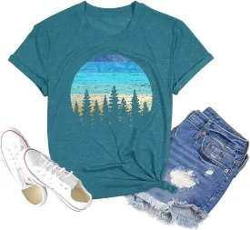 GEMLON Sunset Pine Tree Tshirt Women Camping Tshirt Retro Sun Print Graphic Tee Casual Short Sleeve Top