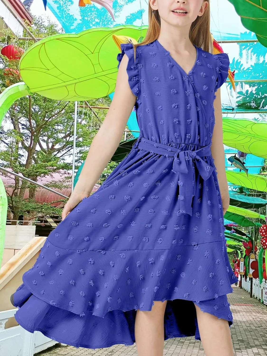 Girls Dresses 2025 Summer V Neck Dress Cap Sleeve Swiss Dot Boho Ruffle Slit Flowy High Low Long Maxi Dresses for Kids