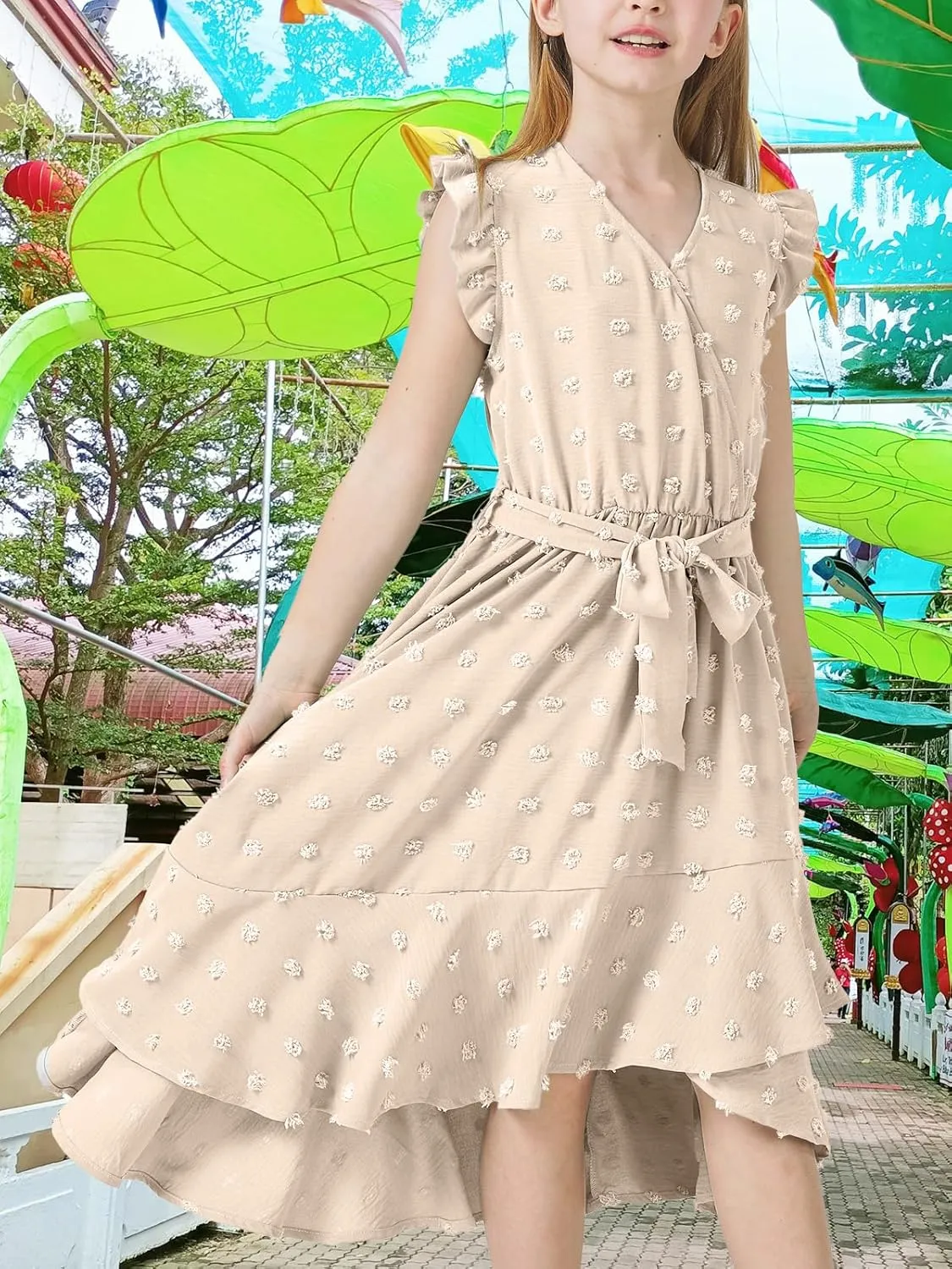 Girls Dresses 2025 Summer V Neck Dress Cap Sleeve Swiss Dot Boho Ruffle Slit Flowy High Low Long Maxi Dresses for Kids