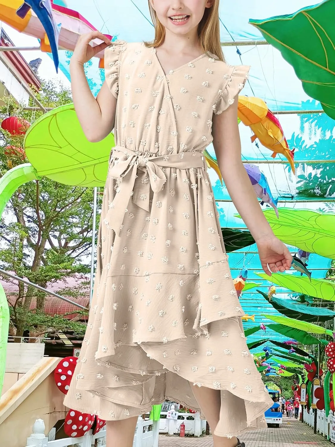 Girls Dresses 2025 Summer V Neck Dress Cap Sleeve Swiss Dot Boho Ruffle Slit Flowy High Low Long Maxi Dresses for Kids