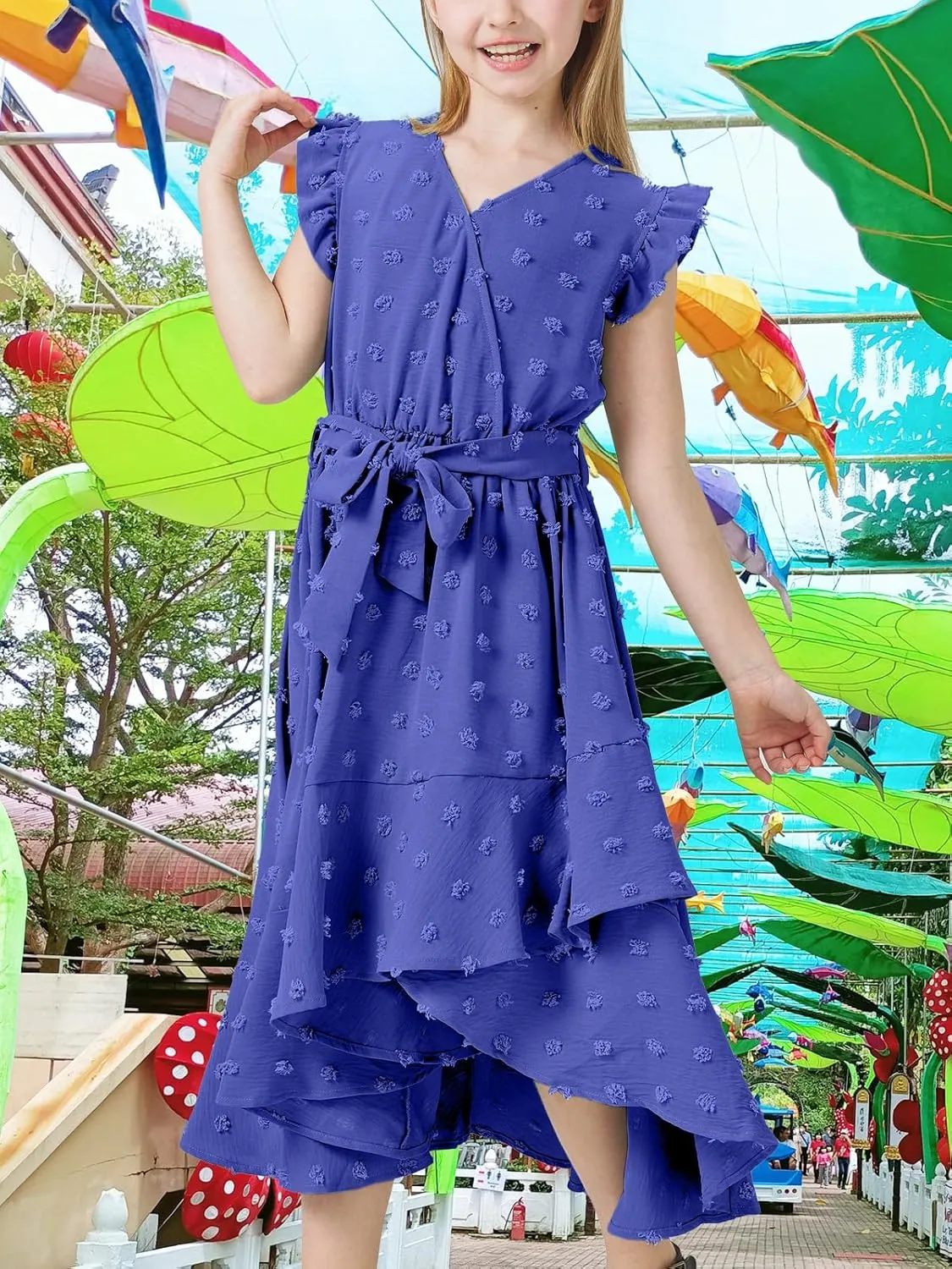Girls Dresses 2025 Summer V Neck Dress Cap Sleeve Swiss Dot Boho Ruffle Slit Flowy High Low Long Maxi Dresses for Kids