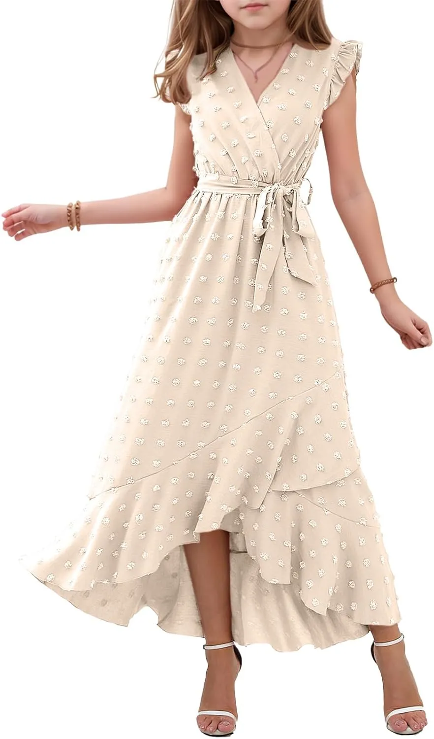Girls Dresses 2025 Summer V Neck Dress Cap Sleeve Swiss Dot Boho Ruffle Slit Flowy High Low Long Maxi Dresses for Kids